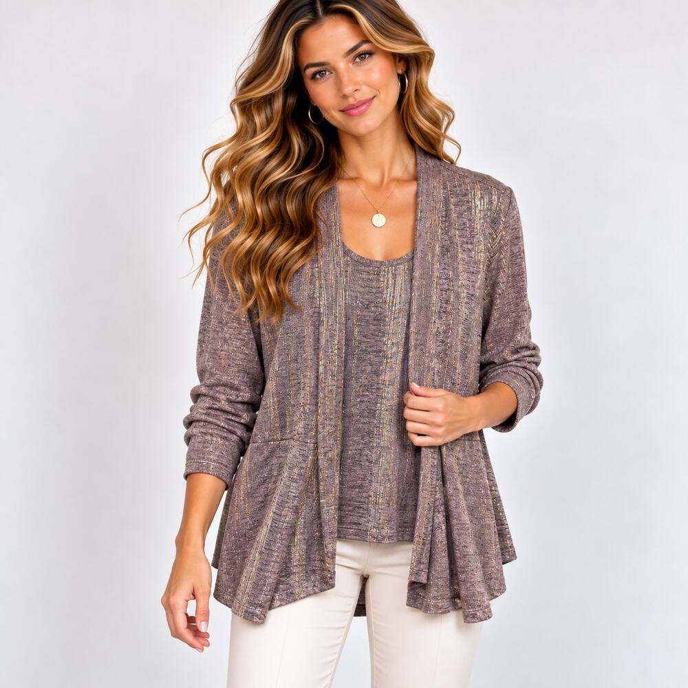 Susan Graver Liquid Knit Cardigan Tank Set Women's Size M NWOT Dusty Rose Gold